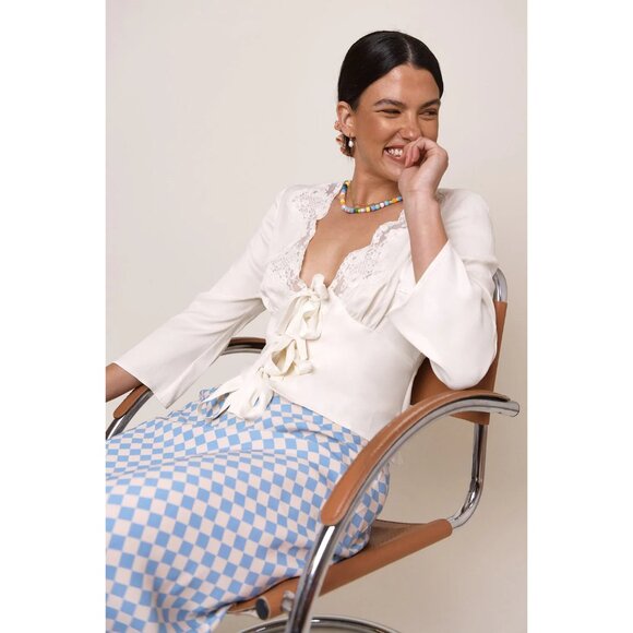 NWT Rixo cream lace satin Rochelle tie front blouse - Picture 2 of 7